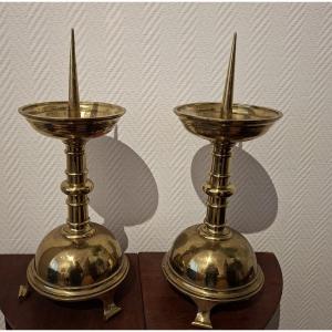 Pair Of Candle Holders ..brass ...neo-gothic