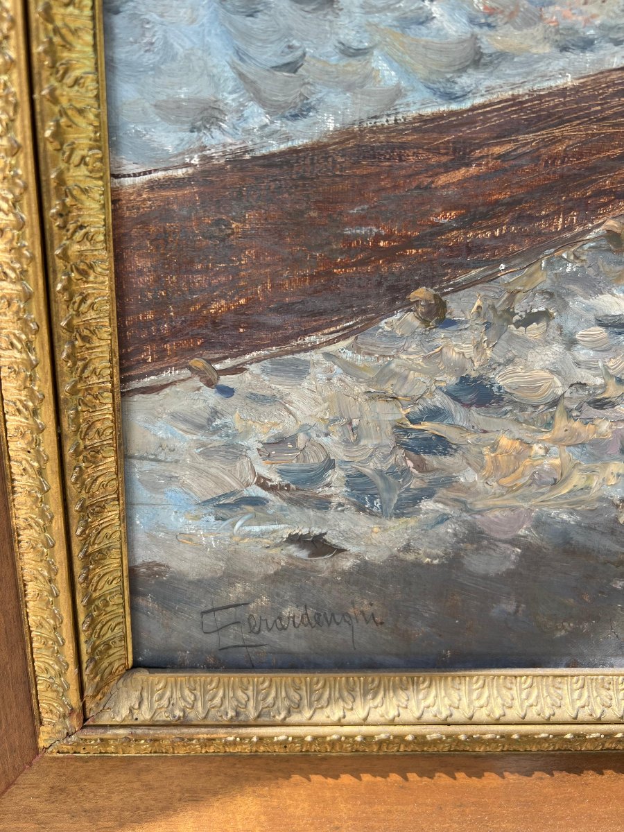 Oil On Canvas Painting Depicting A Seascape, Signed Bigio Gerardenghi-photo-3