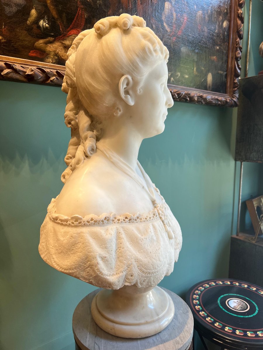 Marble Bust "margherita Of Savoy", Attributed To Santo Varni, 1870-photo-3