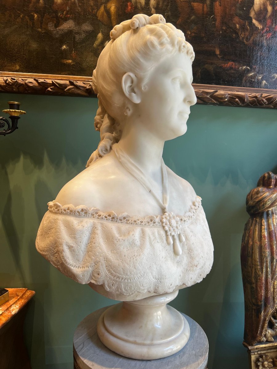Marble Bust "margherita Of Savoy", Attributed To Santo Varni, 1870-photo-4