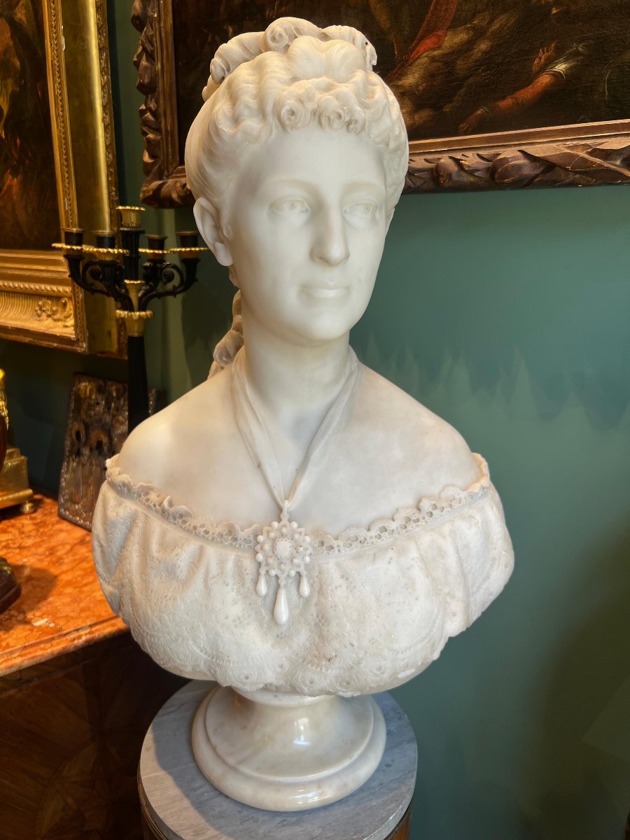 Marble Bust "margherita Of Savoy", Attributed To Santo Varni, 1870-photo-5