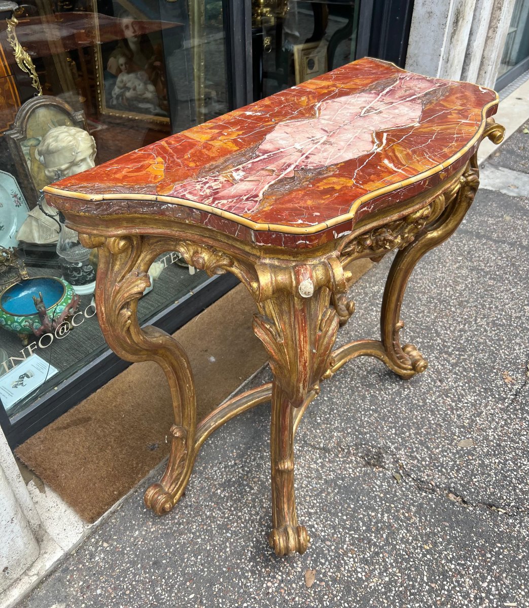 Console dorée avec plateau en marbre. Rome, XVIIIe siècle.-photo-1