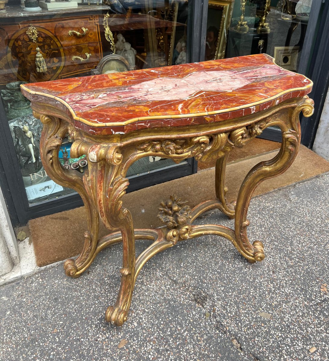 Console dorée avec plateau en marbre. Rome, XVIIIe siècle.-photo-2