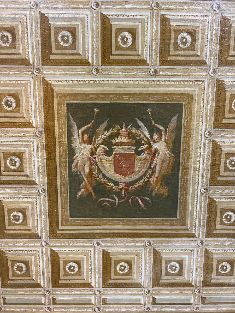 Oil On Canvas Of A Sketch Of A Coffered Ceiling. Ettore Ballerini, Rome, Neoclassical Taste.-photo-3