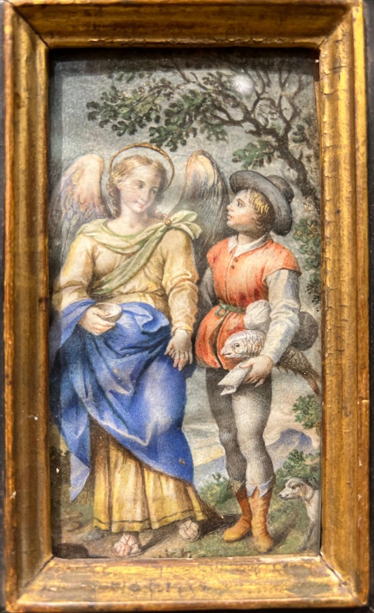 Miniature Tobias And The Archangel Raphael, Painted On Parchment. 18th Century.-photo-2