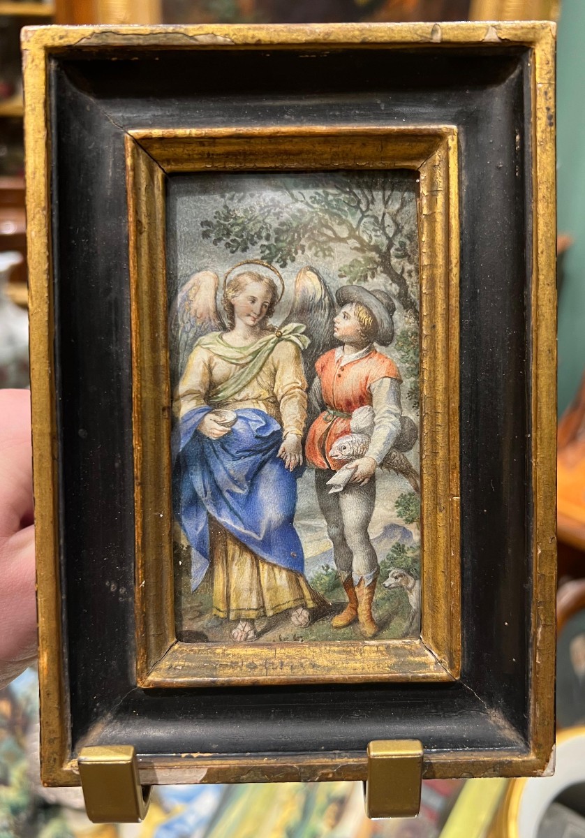 Miniature Tobias And The Archangel Raphael, Painted On Parchment. 18th Century.