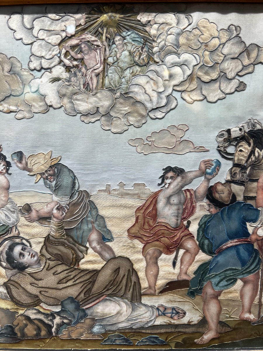 Broderie sacrée sur soie avec cadre d’époque. Italie, XVIIIe siècle.-photo-2