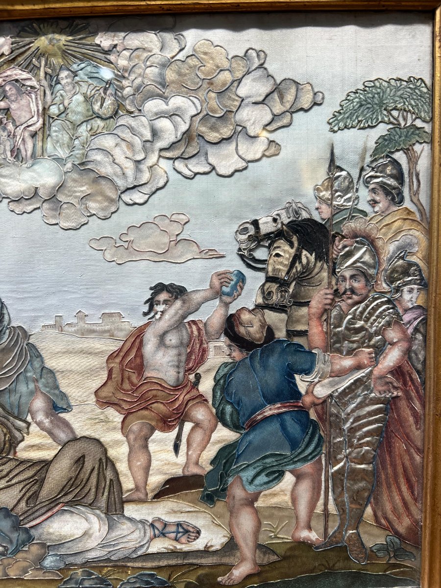 Broderie sacrée sur soie avec cadre d’époque. Italie, XVIIIe siècle.-photo-4