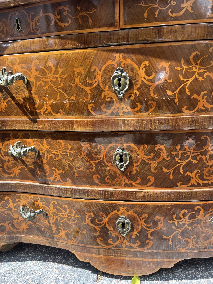 Chest Of Drawers In Veneered And Inlaid Wood. Piedmont, Louis XIV Period.-photo-4