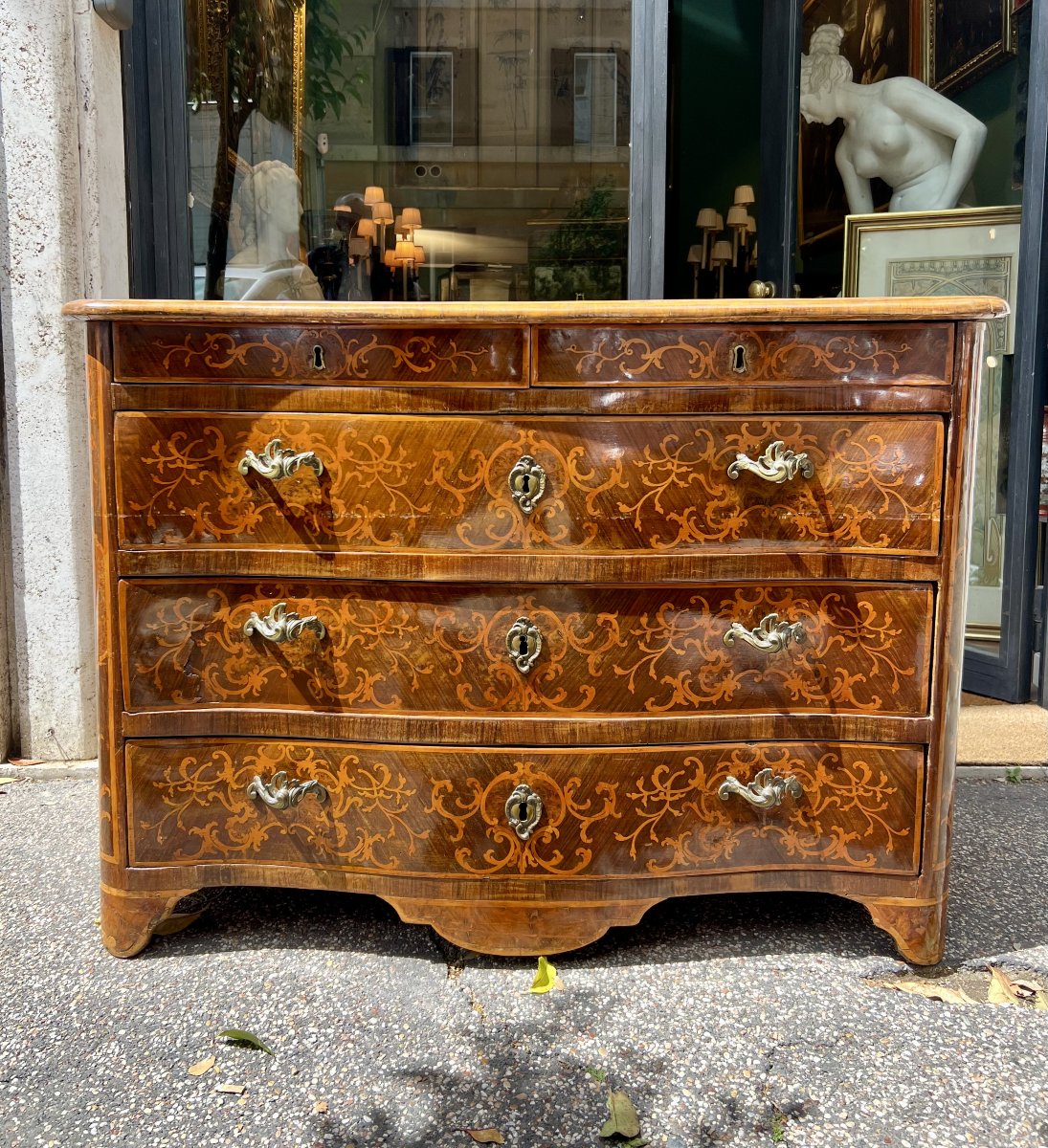 Chest Of Drawers In Veneered And Inlaid Wood. Piedmont, Louis XIV Period.