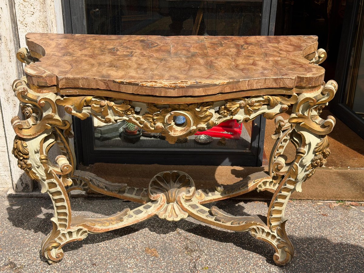 Console en bois laqué avec plateau en marbre. Italie, époque Louis XV.-photo-3