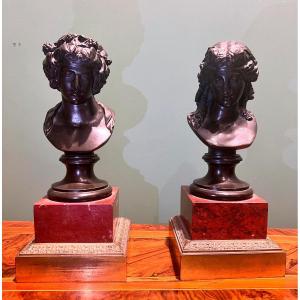 Paire De Petits Bustes Raffinés En Bronze Bruni De Style Néoclassique Avec Socle En Marbre Roug