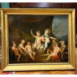 Oil Painting On Canvas Depicting Putti. Neoclassical Period.