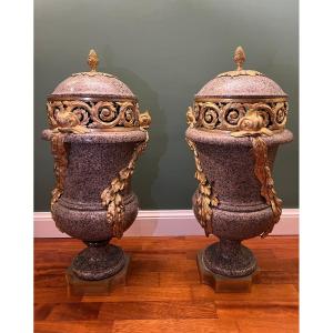 Pair Of Granite And Gilt Bronze Vases. France, Napoleon III Period