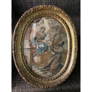 Broderie ovale, Italie méridionale, XVIIIe siècle, avec cadre d'époque