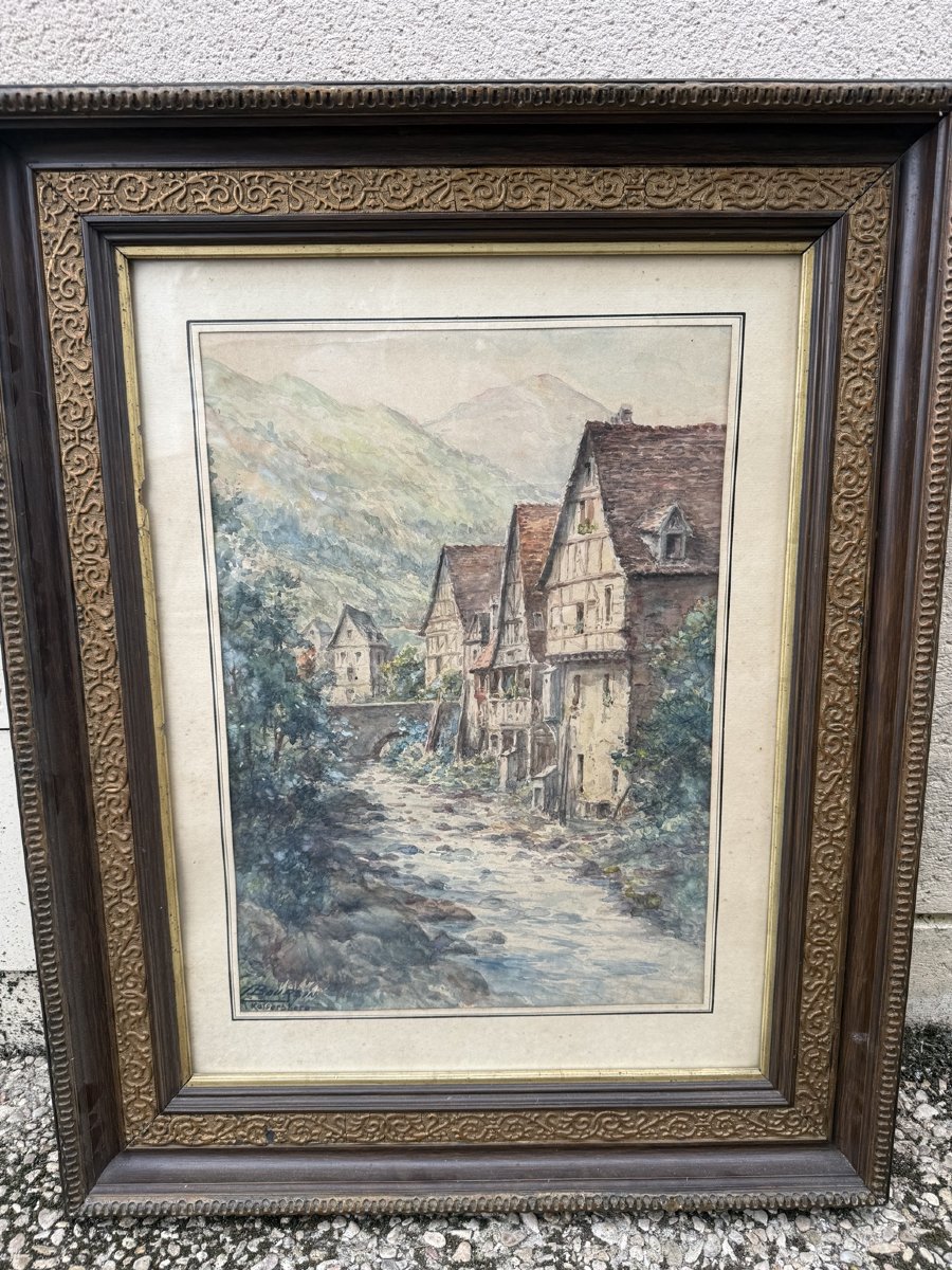 Kaysersberg – Aquarelle signée Boursin – Vue du village alsacien – Début XXe siècle-photo-3