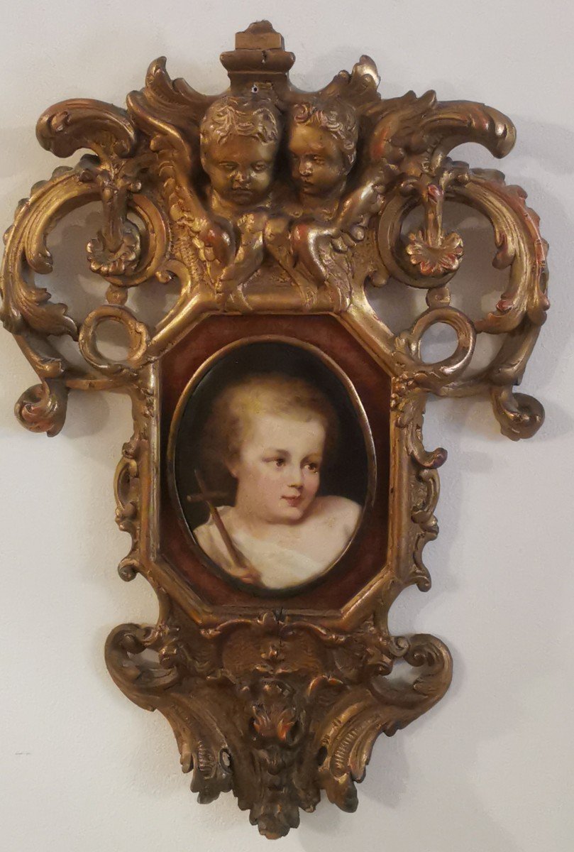 Gilded Wood Frame XVII Medallion Miniature Painting Saint John The Baptist