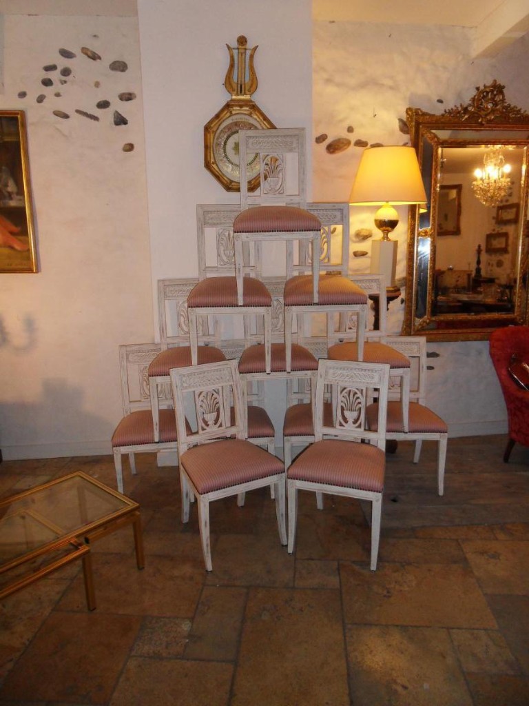 Suite Of 12 Chairs Painted Directory, Tapestry Silk