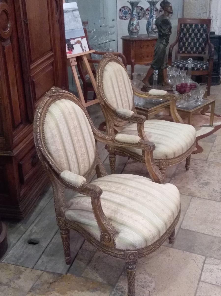 Pair Of Armchairs Golden Wood Louis XVI Style, Jacob Feet