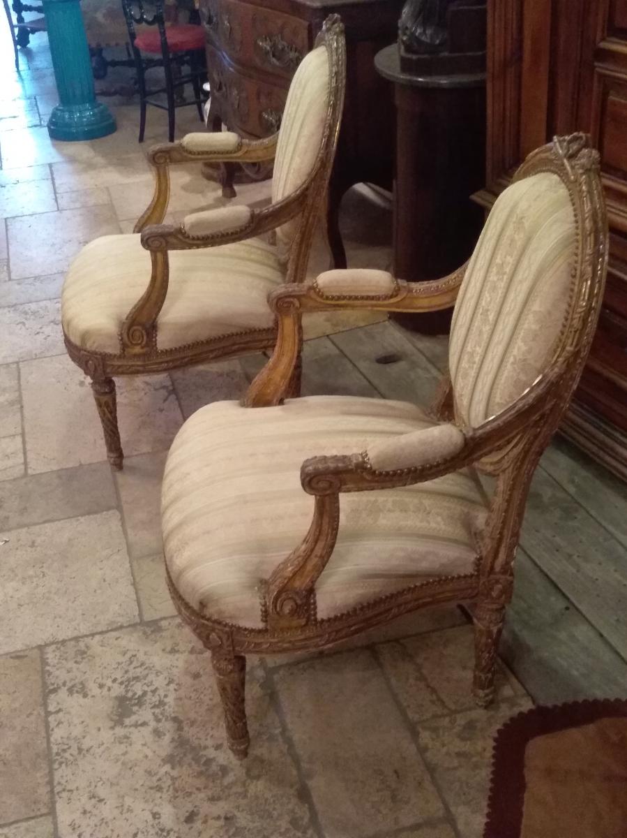 Pair Of Armchairs Golden Wood Louis XVI Style, Jacob Feet-photo-2