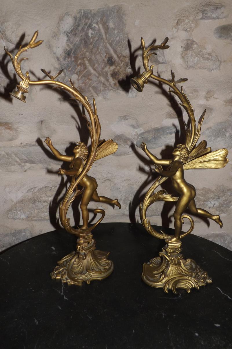 Pair Of Art Nouveau Bronze Lamp Signed Suan Ferville-photo-1