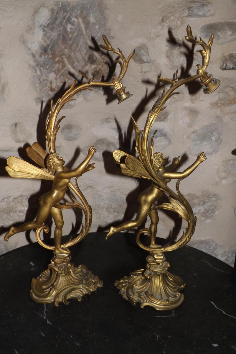 Pair Of Art Nouveau Bronze Lamp Signed Suan Ferville-photo-3