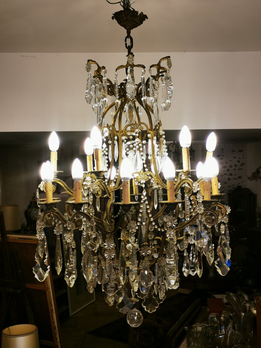 Énorme Lustre Cage à Pampilles Bronze Et Cristal 21 Feux