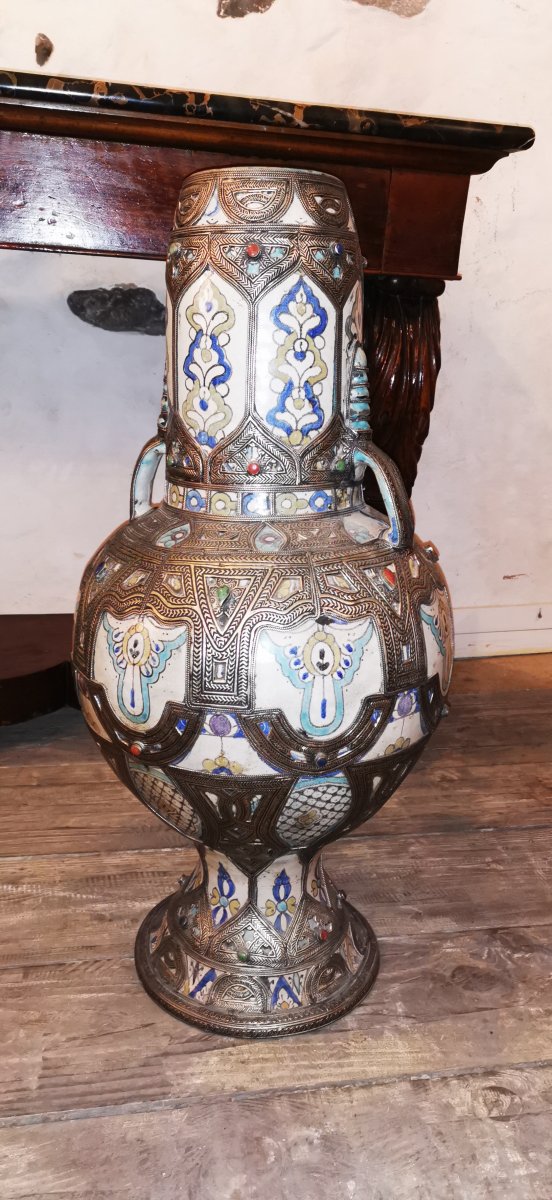 Large Orientalist Potiche Vase Morocco Ceramic Silver-photo-1