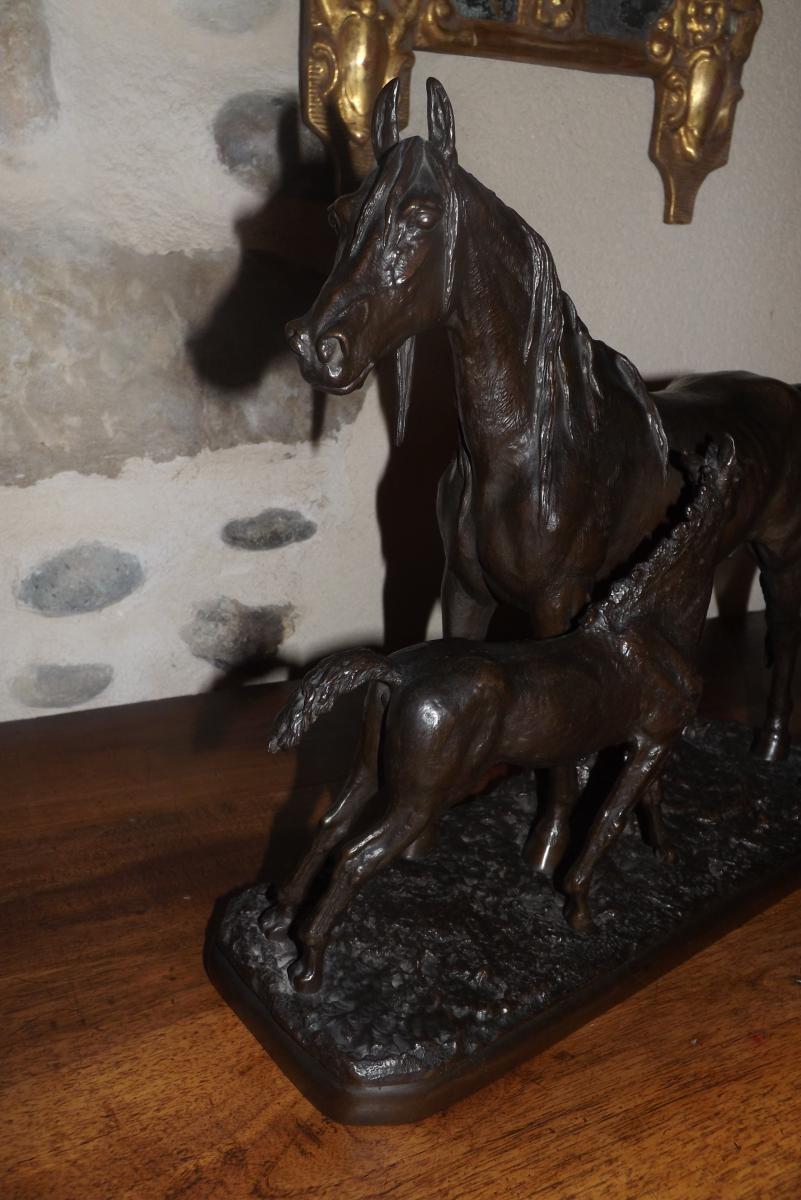 Bronze Horse And His Foal Signed Fratin (1801-1864)-photo-1