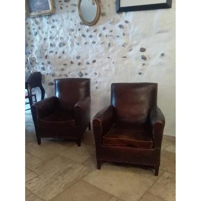 Paire De Fauteuils Club Cuir Art Deco