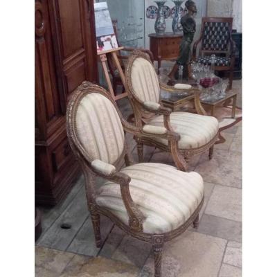 Pair Of Armchairs Golden Wood Louis XVI Style, Jacob Feet