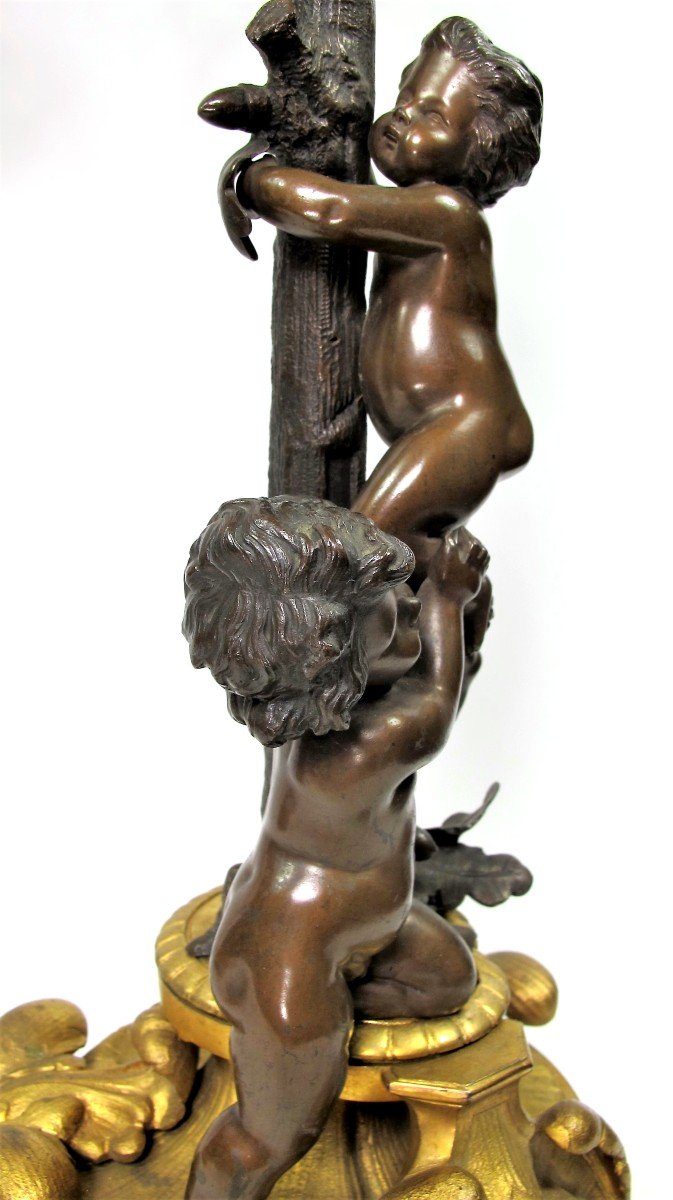Pair Of Bronze Candelabras XIXth " Children Climbing In The Bird's Nest "-photo-2