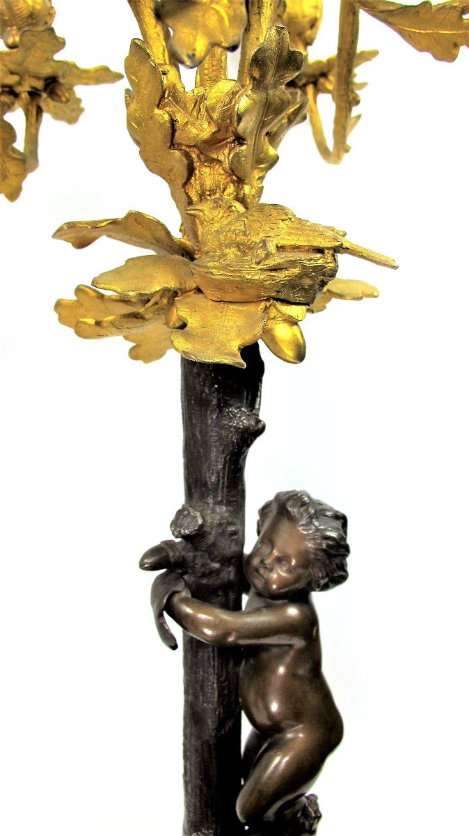 Pair Of Bronze Candelabras XIXth " Children Climbing In The Bird's Nest "-photo-4