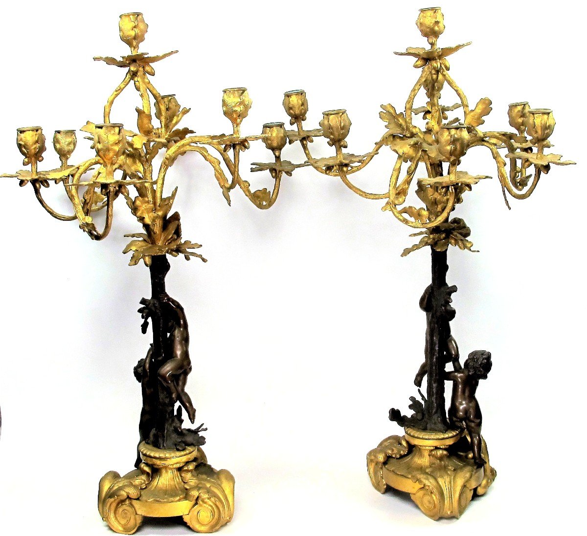 Pair Of Bronze Candelabras XIXth " Children Climbing In The Bird's Nest "-photo-2
