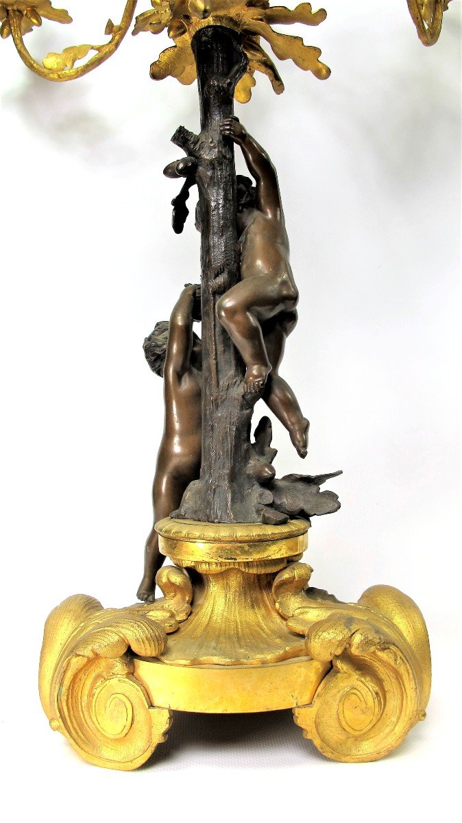 Pair Of Bronze Candelabras XIXth " Children Climbing In The Bird's Nest "-photo-3