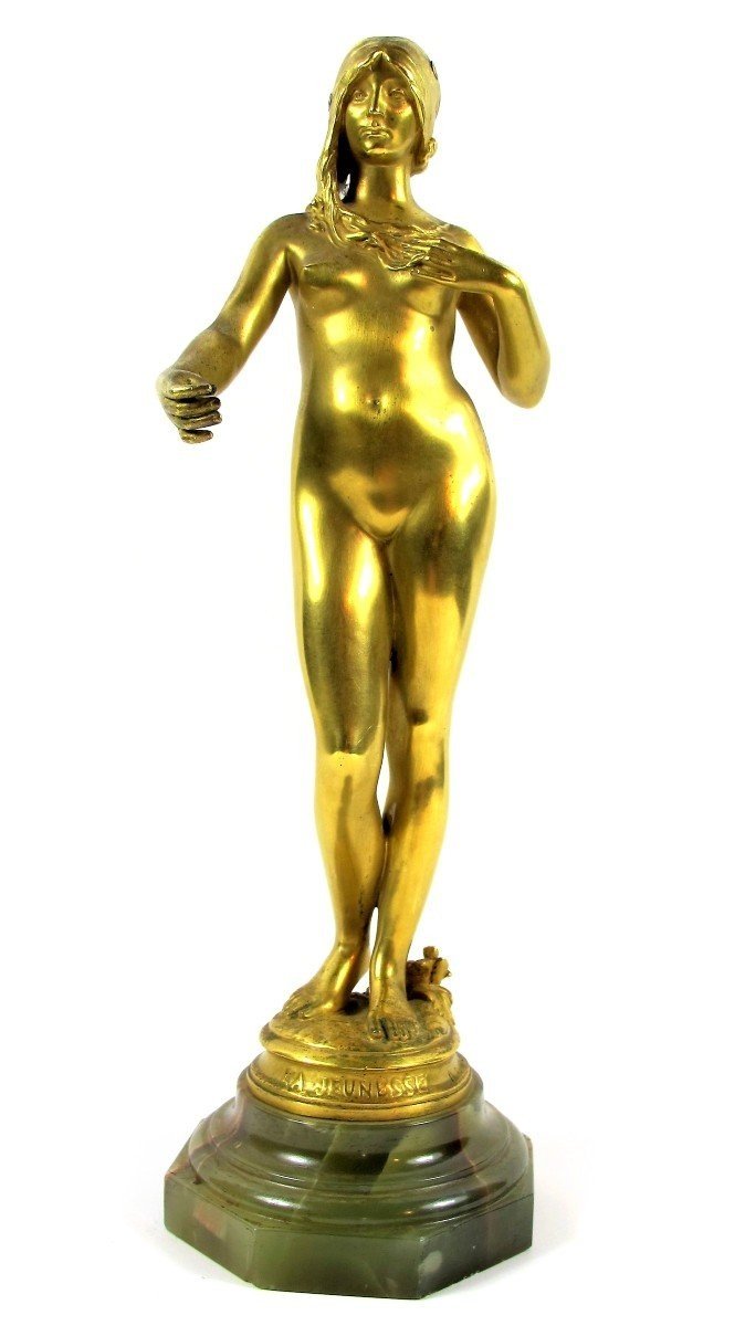 Antonin Carlès (1851-1919) “youth” Sculpture In Gilt Bronze