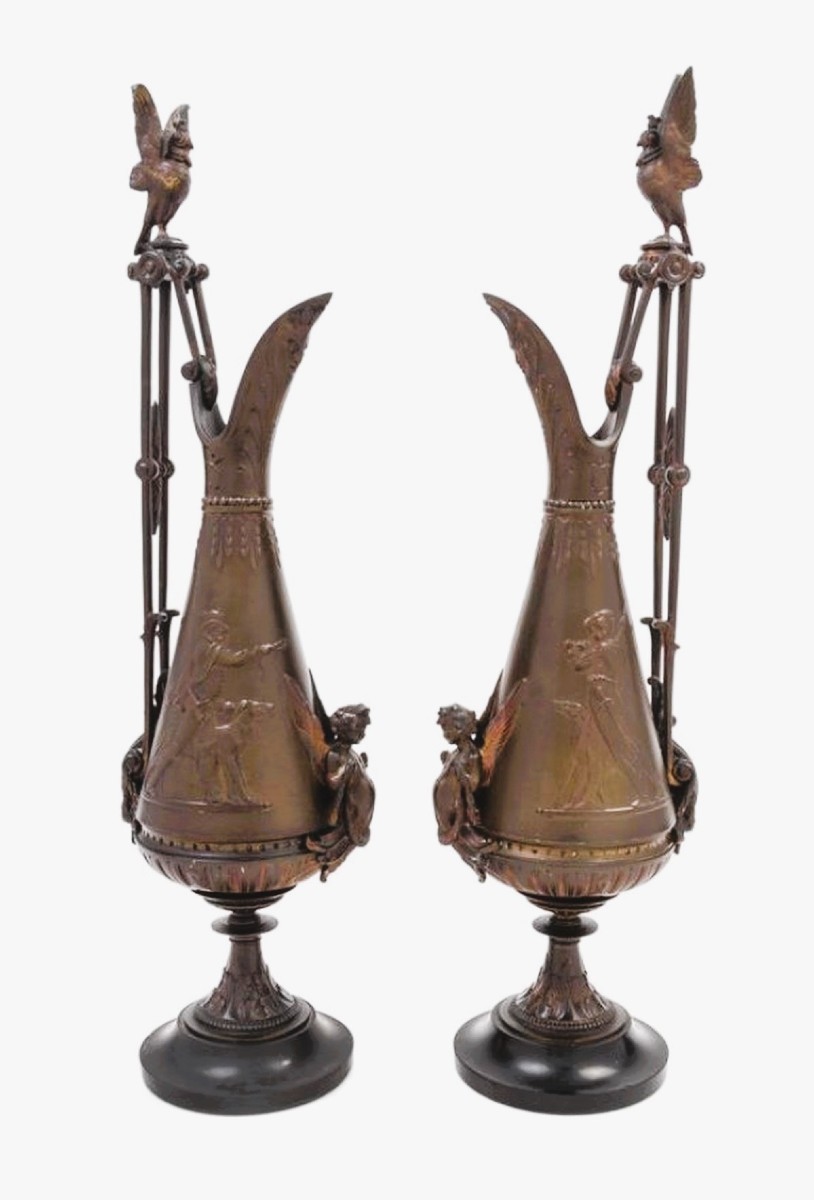 Paire d'Aiguières En Bronze De Style Néo-grec Attribuées à Ferdinand Levillain