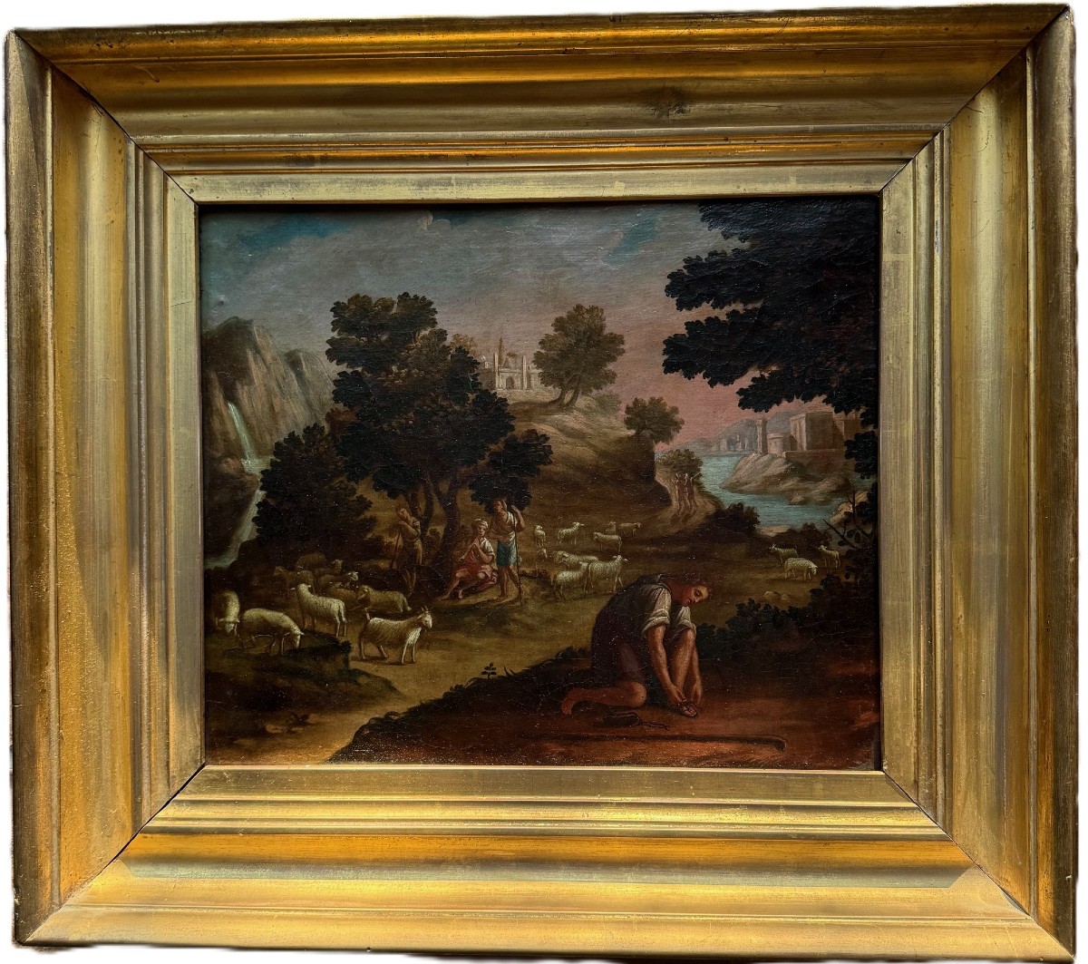 Huile sur toile représentant une scène pastorale du début du XIXème siècle-photo-2