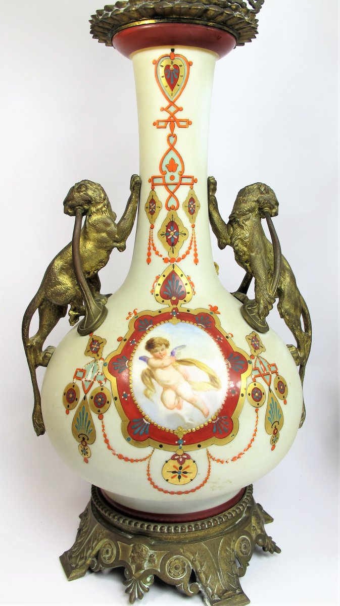 Paire De Lampes Néoclassiques En Porcelaine Et Bronze époque XIX Siècle-photo-1
