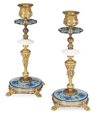Pair Of Champlevé Enamels, Algerian Onyx-marble And Gilt Bronze Candelabra. Marked H. Journet
