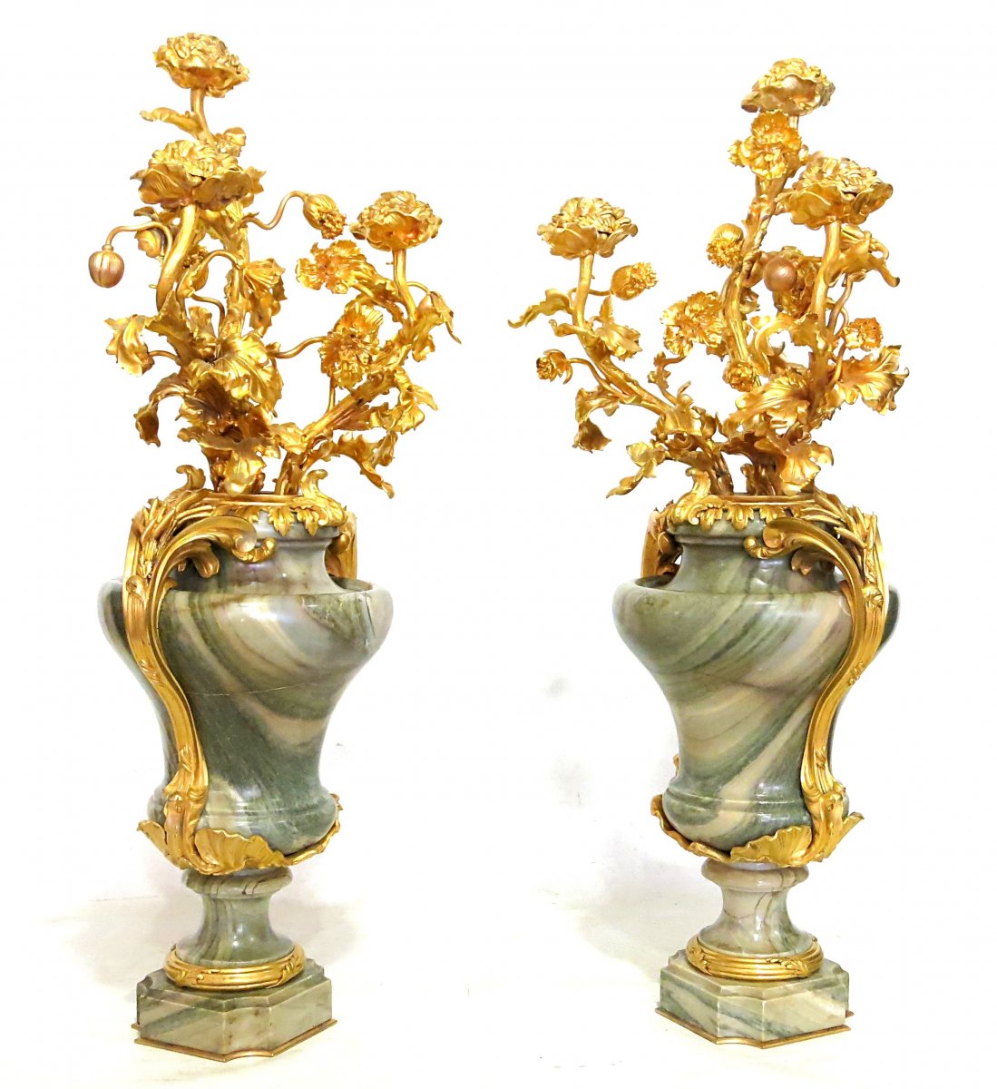  Large Pair Of Marble Mounted Bronze Vases, Maison Millet In Paris.-photo-2