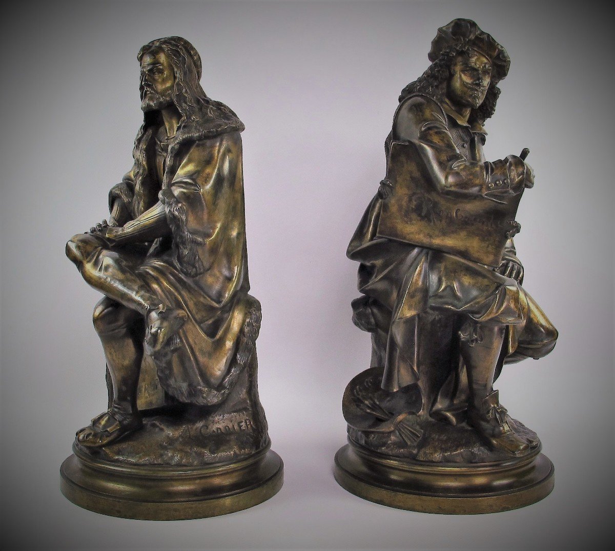 Dürer Et Rembrandt, Paire De Sculptures En Bronze D’albert-ernest Carrier-belleuse (1824-1887)-photo-2