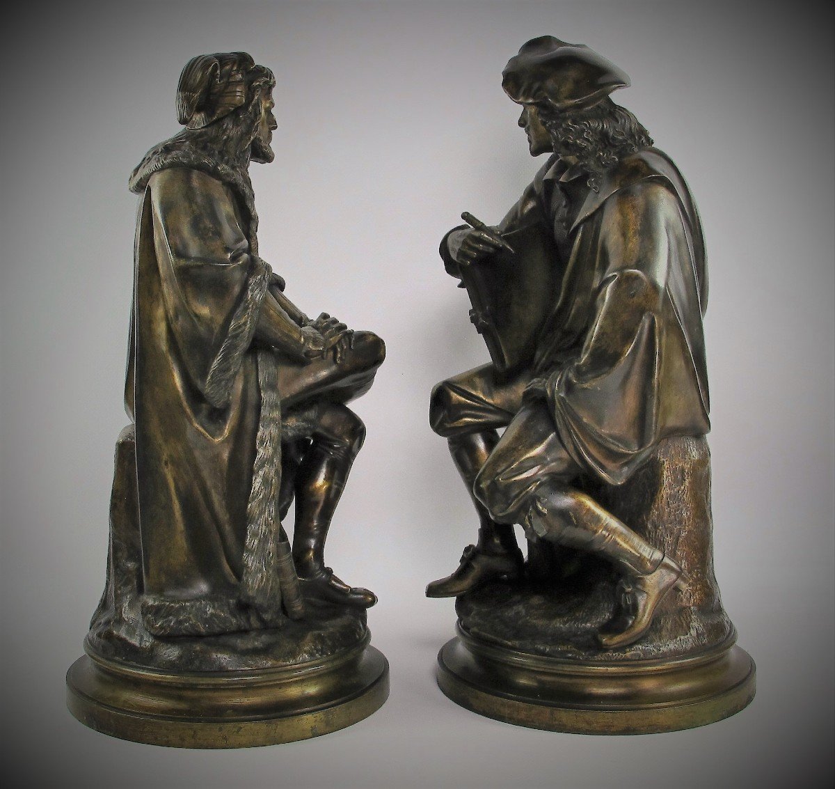 Dürer And Rembrandt, Pair Of Bronze Sculptures By Albert-ernest Carrier-belleuse (1824-1887)-photo-4