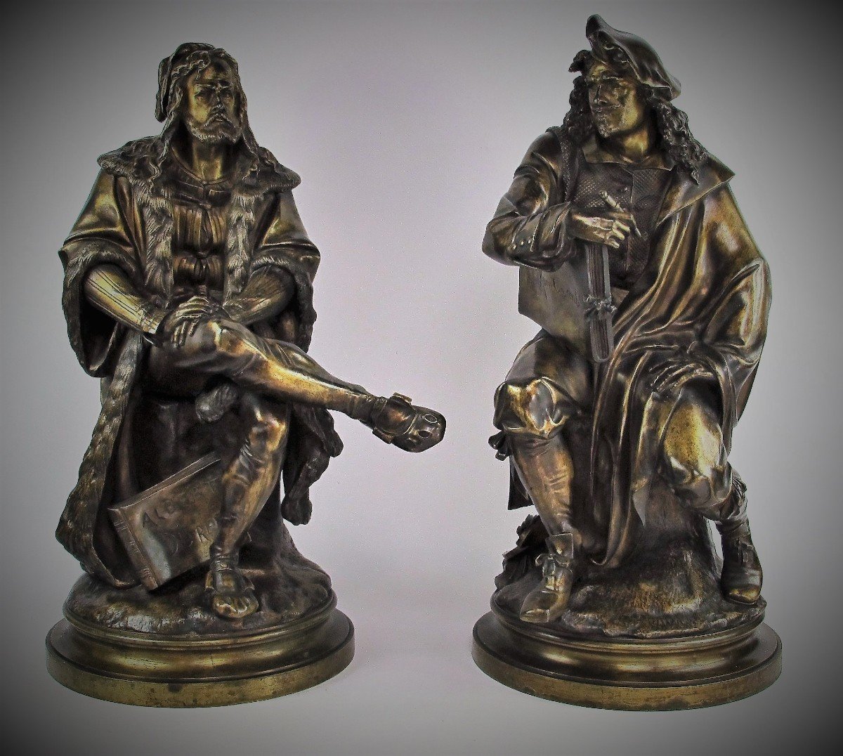 Dürer And Rembrandt, Pair Of Bronze Sculptures By Albert-ernest Carrier-belleuse (1824-1887)