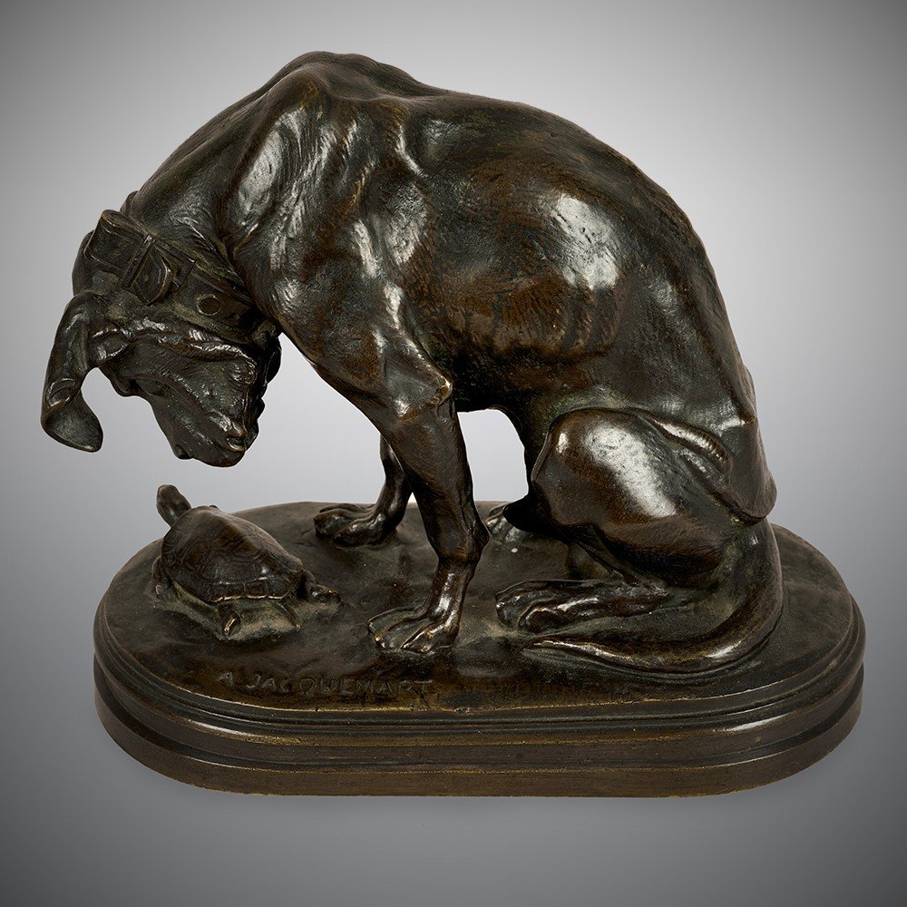 Jacquemart Henri Alfred (1824-1896) »chien Assis Regardant Une Tortue »-photo-2
