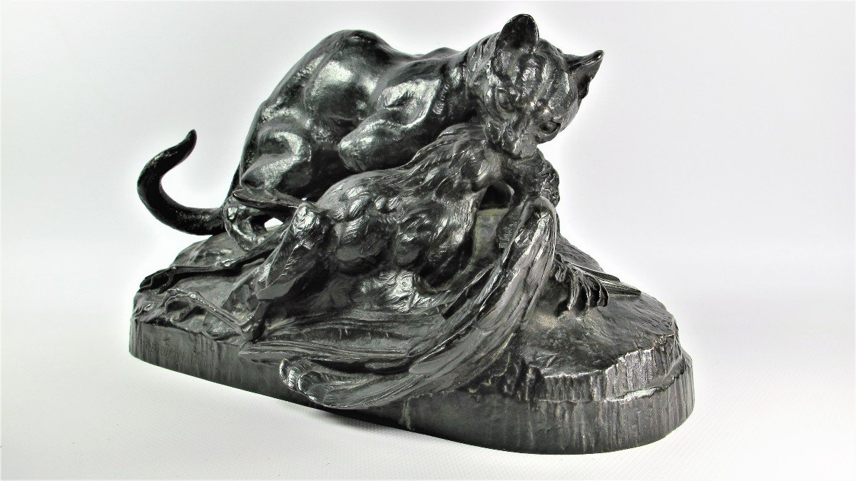 « Ocelot Emportant Un Héron », Bronze D’antoine Louis Barye (1795-1875), École Française-photo-3