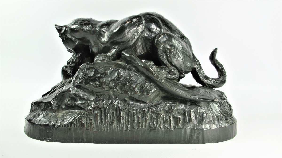"ocelot Carrying A Heron", Bronze By Antoine Louis Barye (1795-1875), French School-photo-1