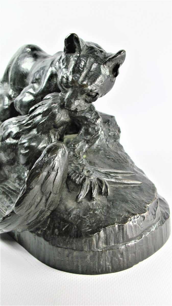 « Ocelot Emportant Un Héron », Bronze D’antoine Louis Barye (1795-1875), École Française-photo-4