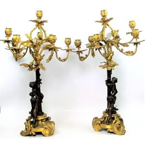 Pair Of Bronze Candelabras XIXth " Children Climbing In The Bird's Nest "