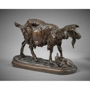 Bronze Group By Emmanuel Fremiet (1824-1910), Goat And Its Kid